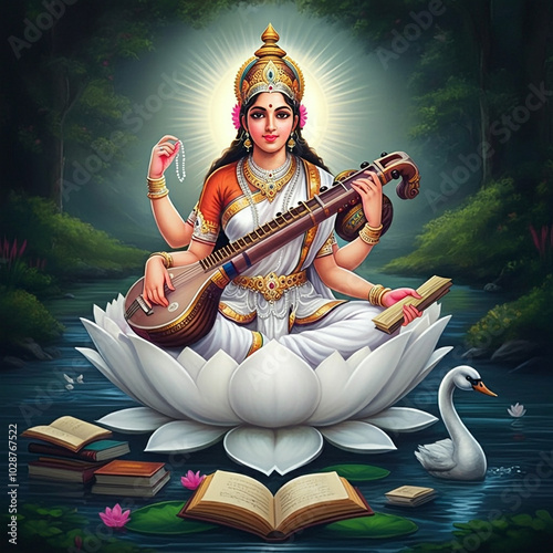 Goddess Saraswati seated on...