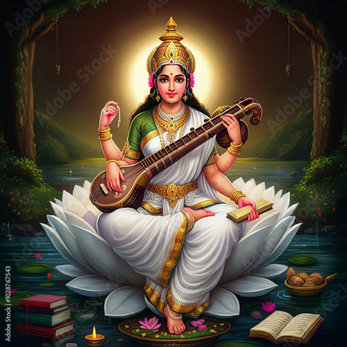 Goddess Saraswati seated on...