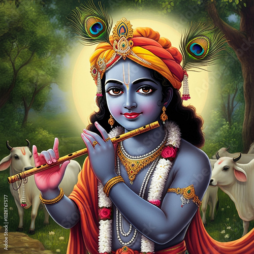 Lord Krishna playing the fl...