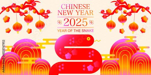 Minimalist Gradient Chinese New Year Banner Template.illustration of Lanterns, snake,tree,flower.