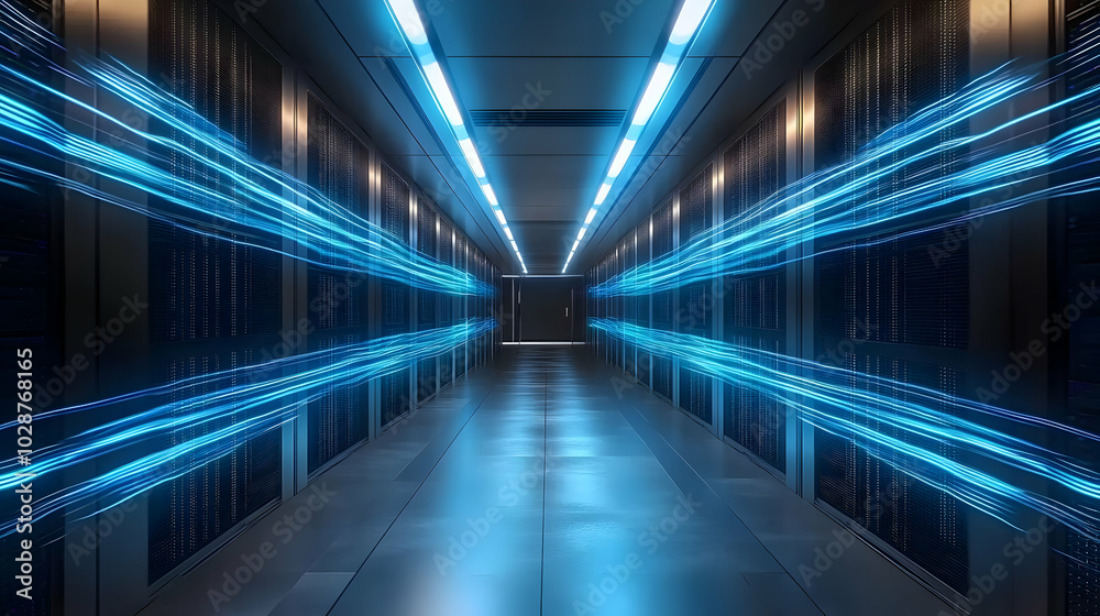 Futuristic data center corridor with glowing blue lights. Futuristic data center corridor with glowing blue lights.