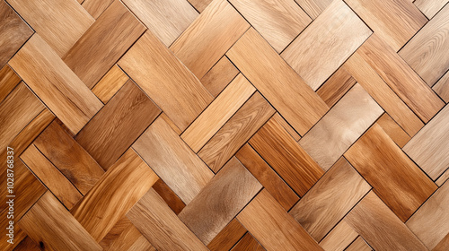 Close-up view of wooden parquet flooring with a herringbone pattern in various shades of brown.