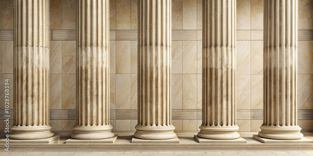 A row of smooth-surfaced Roman stone columns with delicate golden lines. A row of smooth-surfaced Roman stone columns with delicate golden lines.