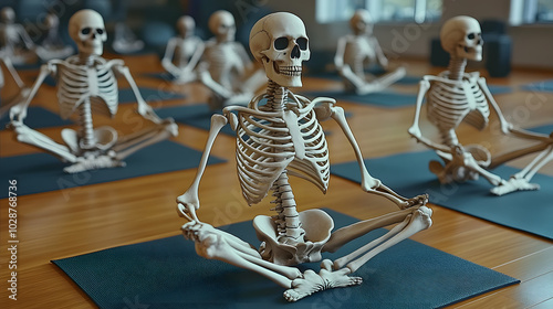 A group of skeletons relaxes in a yoga studio, each sitting in a meditative pose on yoga mats, highlighting a unique and humorous take on wellness