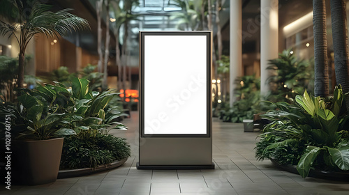 Blank advertising display in a modern indoor space surrounded by plants.