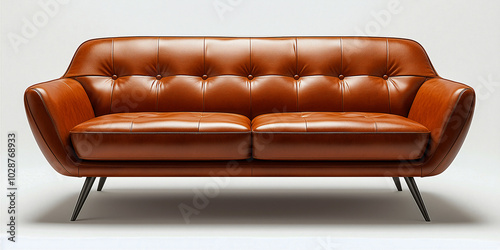 Mid-Century Modern Leather Sofa: A timeless design in rich brown leather, this mid-century modern sofa features a classic tufted design and sleek black legs. photo