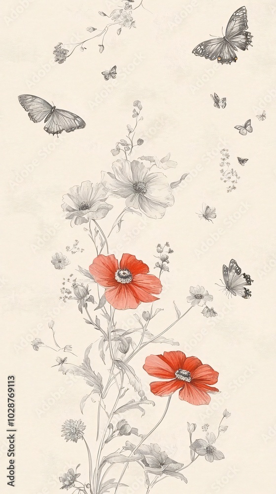 Naklejka premium A vertical floral arrangement with orange and grey butterflies, and grey flowers on a white background.