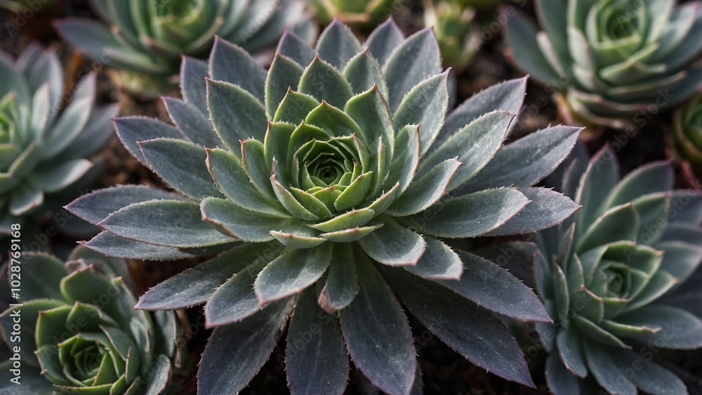 Fototapeta premium Green and gray succulent plant with intricate spiral patterns and layers of leaves