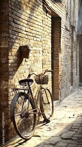 A vintage bicycle leans against a brick wall in a sunlit alleyway.