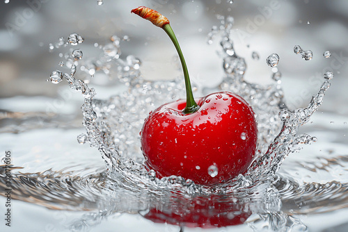 Red cherry creates splash in water during summer afternoon