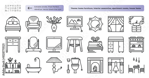 Home furniture and interior items, modern house rooms, vector black line icon set, pictogram's size 48x48 px and 480x480 px, 21 outline monochrome signs with dots, editable stroke photo