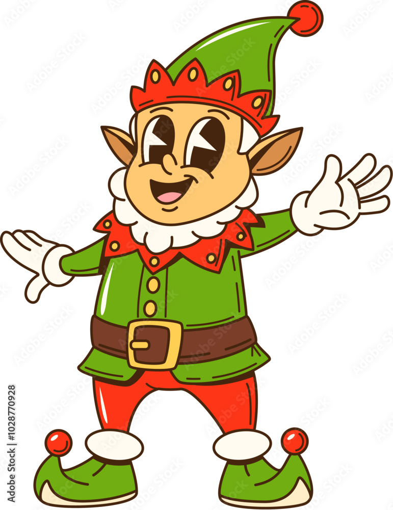 Cartoon groovy Christmas elf character. Isolated vector Santa helper gnome personage dressed in festive green and red attire, spreading holiday cheer, features a cheerful expression and playful vibe Cartoon groovy Christmas elf character. Isolated vector Santa helper gnome personage dressed in festive green and red attire, spreading holiday cheer, features a cheerful expression and playful vibe