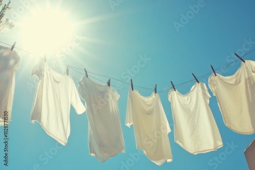 white clothes line with several white shirts hanging on it in the bright sunshine