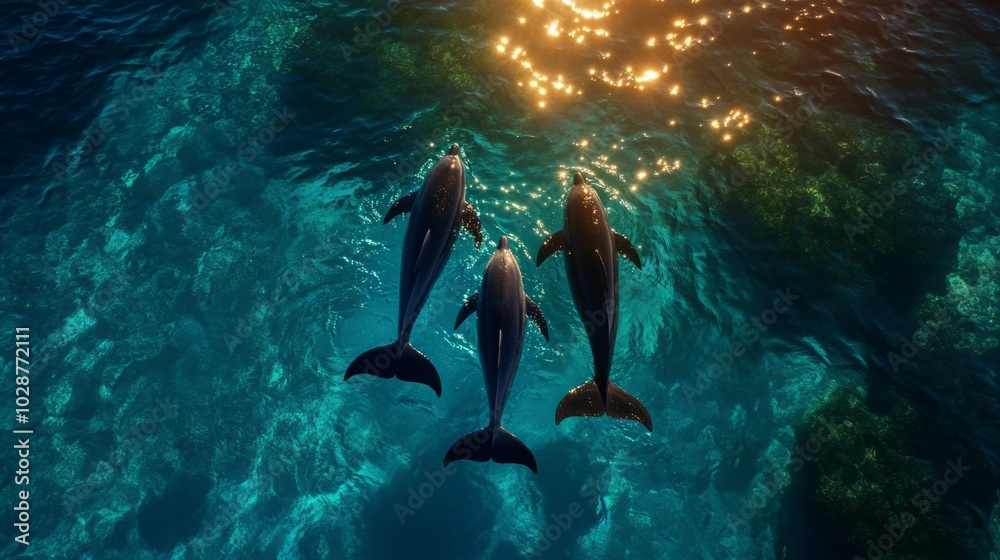 three dolphins swimming in the ocean, aerial shot, drone shot three dolphins swimming in the ocean, aerial shot, drone shot