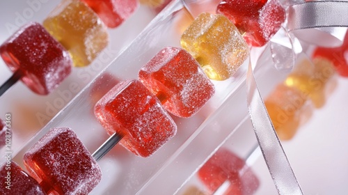 Colorful Sugary Candy Cubes on Sticks with Shiny Ribbon Accents for a Festive Display