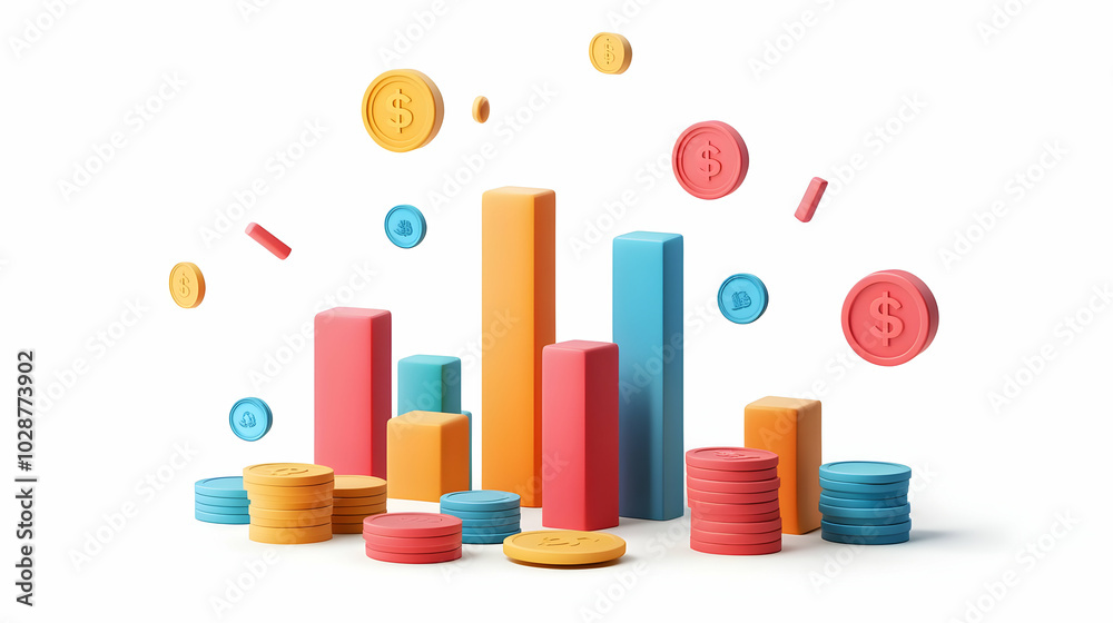 3D Floating Bar Graph with Coins - Isolated Vector for Financial Analysis and Business Growth on Clean White Background 3D Floating Bar Graph with Coins - Isolated Vector for Financial Analysis and Business Growth on Clean White Background