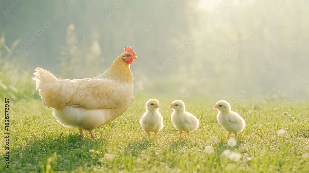 Fototapeta premium Mother Hen and Chicks in Sunny Field