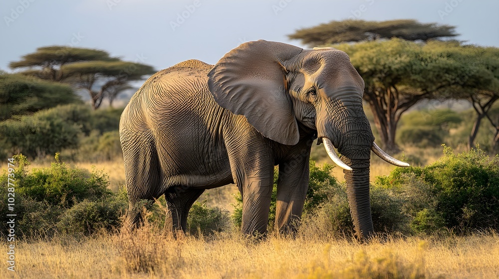 Fototapeta premium Saving Elephants: Wild Elephant in its Natural Environment A majestic elephant roaming in a savanna-like landscape surrounded by green trees and bushes.