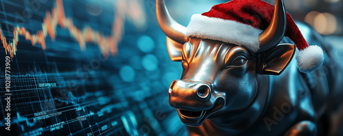 Bull statue with Santa hat and charts in background. Christmas on stock exchange concept. Banner with copyspace. shallow depth of field. photo