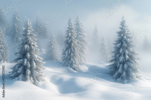 Snow-covered pine trees in a misty winter landscape during daytime