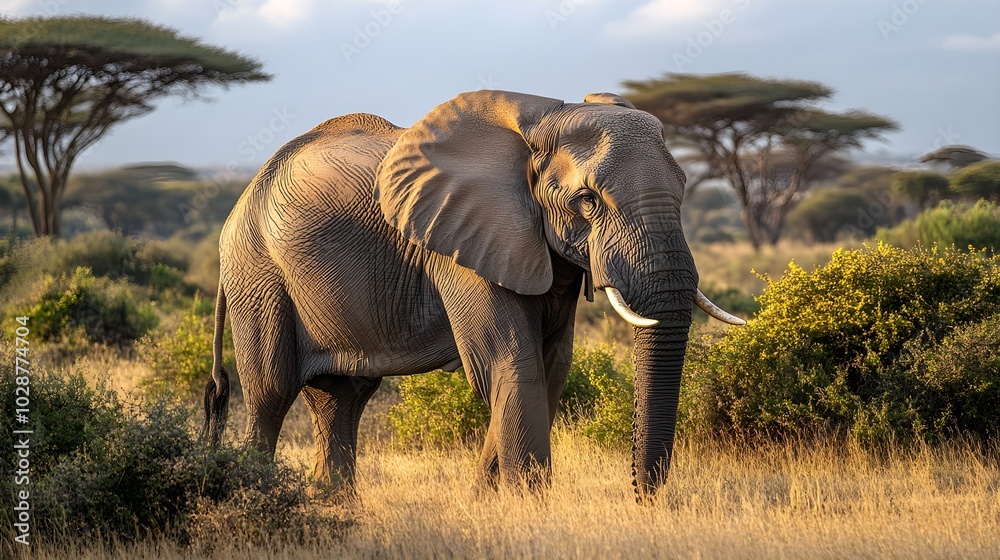Obraz premium Saving Elephants: Wild Elephant in its Natural Environment A majestic elephant roaming in a savanna-like landscape surrounded by green trees and bushes.