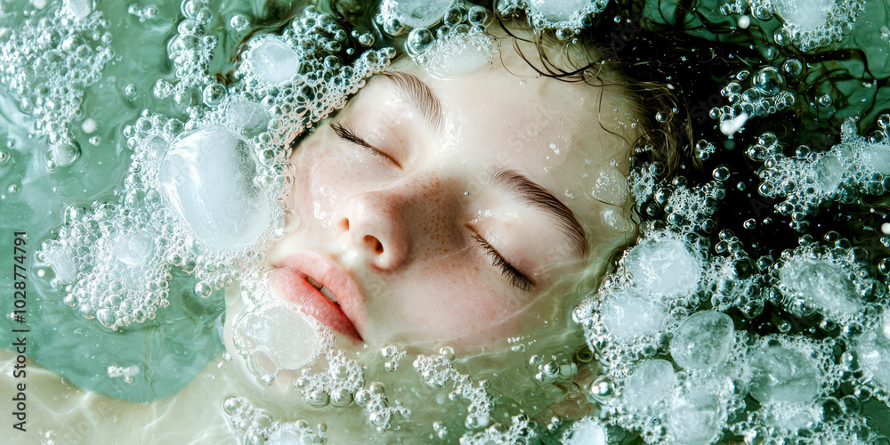 A woman is in a bathtub filled with ice and bubbles A woman is in a bathtub filled with ice and bubbles