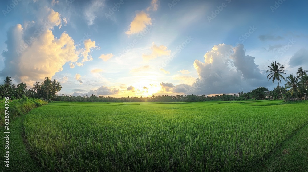 Obraz premium Vibrant Green Rice Paddies Under a Colorful Sky