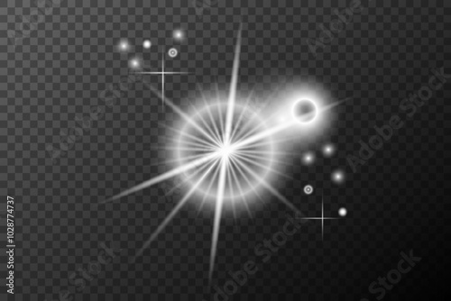 Light effect, Isolated white transparent flare explosion sparkle dust line solar flare spark star spotlight, vector special effect