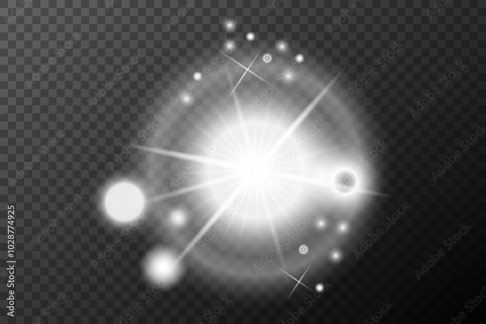 Fototapeta premium Light effect, Isolated white transparent flare explosion sparkle dust line solar flare spark star spotlight, vector special effect