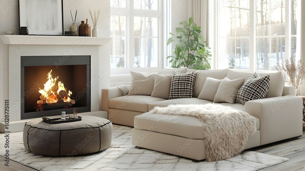 Cozy living room featuring a stylish fireplace, comfortable sofa, elegant decor, and large windows, creating a warm and inviting atmosphere Cozy living room featuring a stylish fireplace, comfortable sofa, elegant decor, and large windows, creating a warm and inviting atmosphere