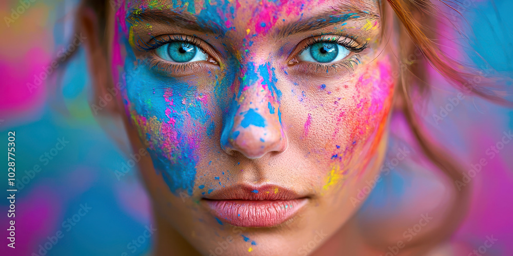 A woman with blue eyes and a colorful face paint A woman with blue eyes and a colorful face paint