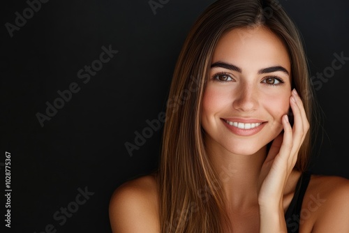 Portrait of a beautiful woman smiling, with long, straight hair, wearing a sleeveless top, posing against a black background.