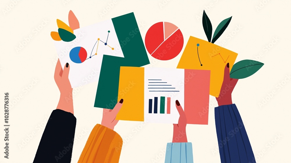 Hands holding colorful documents, charts, and graphs, symbolizing teamwork, analytics, and progress in a collaborative environment. Hands holding colorful documents, charts, and graphs, symbolizing teamwork, analytics, and progress in a collaborative environment.