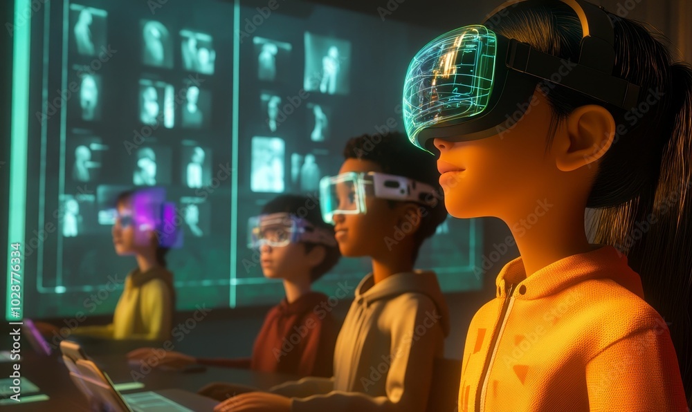 Kids using VR headsets in a classroom. Kids using VR headsets in a classroom.