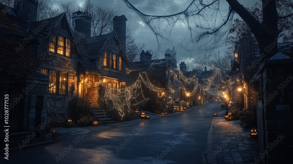 Fototapeta premium scary dark and empty street with spider web. halloween theme
