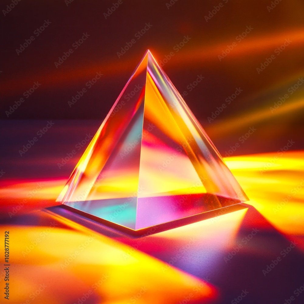 Fototapeta premium A stunning glass prism reflecting vibrant light. The clear, sharp edges create a beautiful spectrum. Perfect for artistic projects or science themes. 