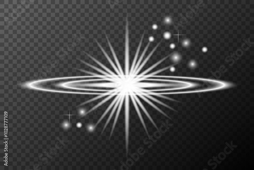 Light effect, Isolated white transparent flare explosion sparkle dust line solar flare spark star spotlight, vector special effect