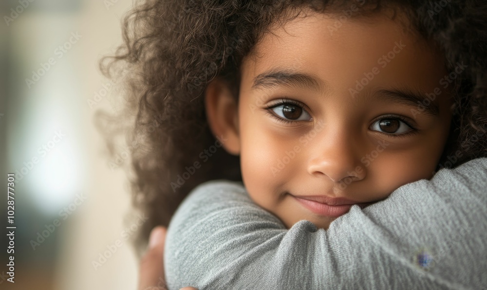 Young girl with curly hair looks down. Young girl with curly hair looks down.