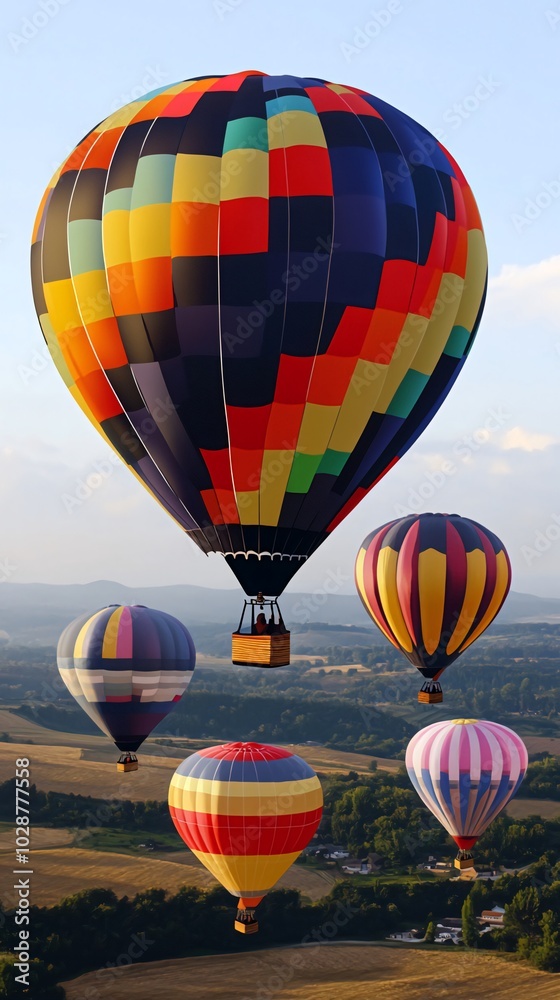 Naklejka premium Colorful hot air balloons soar above a rural landscape.