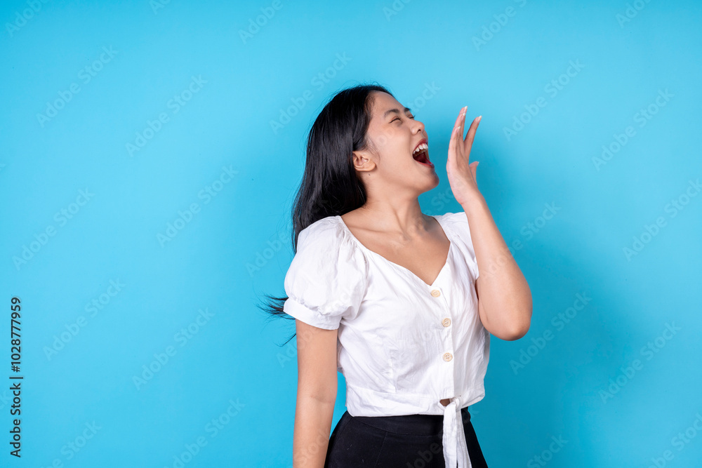Women are doing various poses on a blue background. Women are doing various poses on a blue background.
