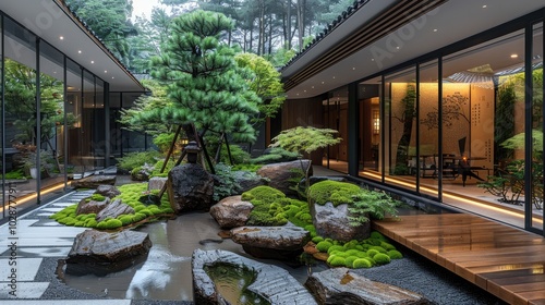 A modern Chinese-style courtyard garden with a rockery and bonsai, surrounded by pine trees, moss-covered stones, green plants, water features such as small stream.