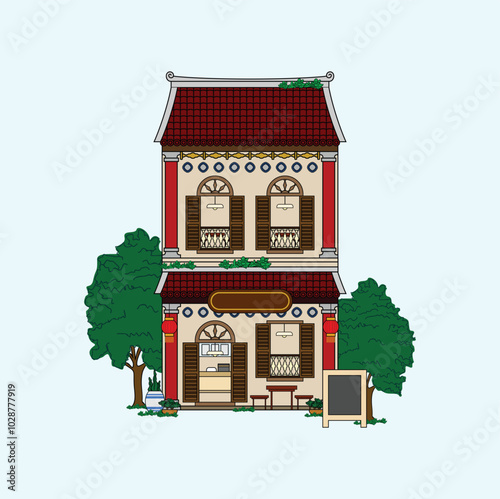 Hand drawn shop with colored traditional Chinese house style. Vector illustration design. Eps 10
