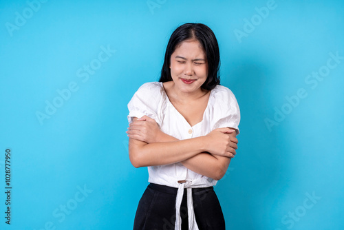 Women are doing various poses on a blue background.