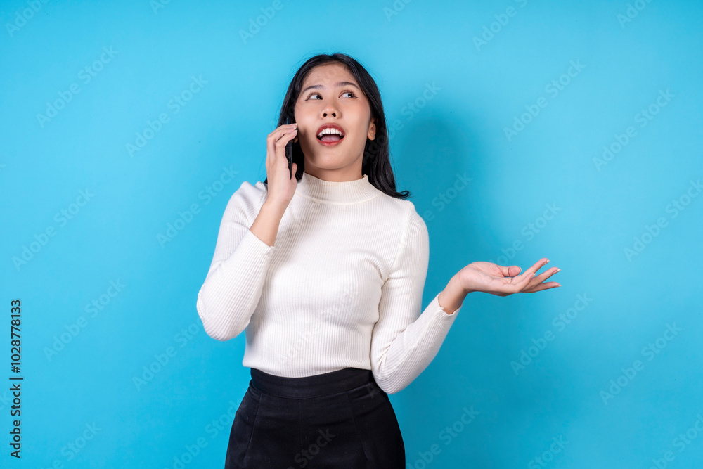 Women are doing various poses on a blue background. Women are doing various poses on a blue background.