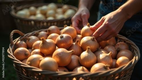 Farmer's hands sorting freshly picked onions in a wicker basket. Seasonal harvest.