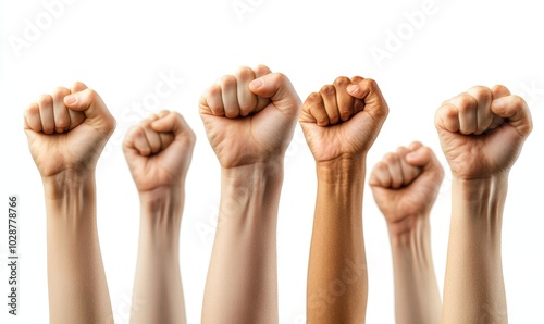 Group of raised fists isolated on a white background, Generative AI