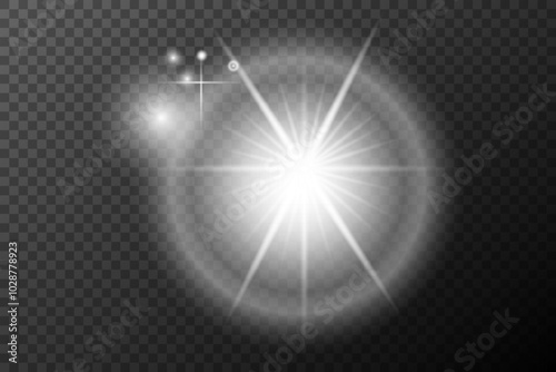 Light effect, Isolated white transparent flare explosion sparkle dust line solar flare spark star spotlight, vector special effect