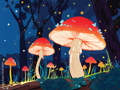 magic mushrooms in the forest, vector illustration