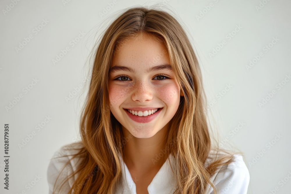 Vaccinated teenage girl smiling at the camera on a white background, Generative AI