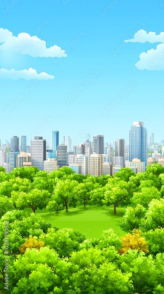 Fototapeta premium Lush green park with a city skyline in the background.